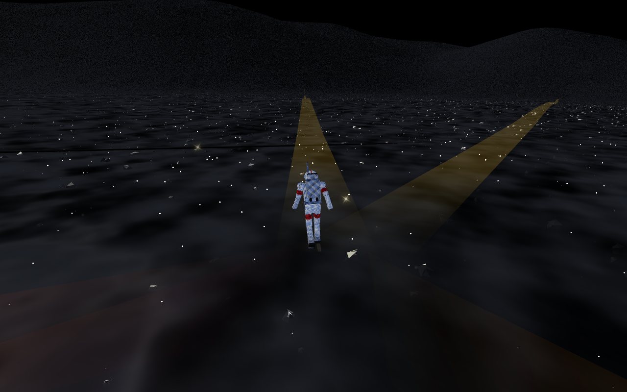 A voxel astronaut moonwalking across the real lunar surface between beams of tour-route light